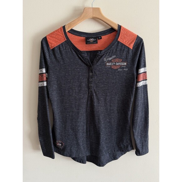 Harley Davidson Shirt Womens Small Classic Colorblock Henley Long Sleeve Bling - Picture 1 of 4